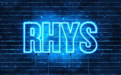 Rhys, 4k, pap&#233;is de parede com os nomes de, texto horizontal, Rhys nome, luzes de neon azuis, imagem com Rhys nome