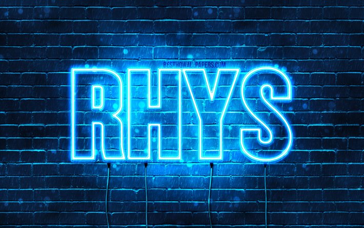 Rhys, 4k, isimler, yatay metin ile duvar kağıtları, Rhys ile adı, mavi neon ışıkları, resim Rhys adı