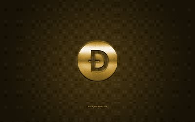 Dogecoin logo, metal emblem, golden carbon texture, cryptocurrency, Dogecoin, finance concepts