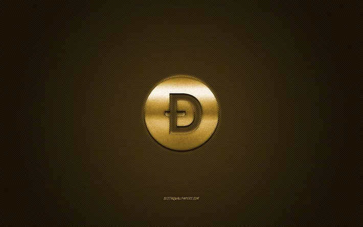 Dogecoin logotyp, metall emblem, golden carbon textur, cryptocurrency, Dogecoin, finansiering begrepp