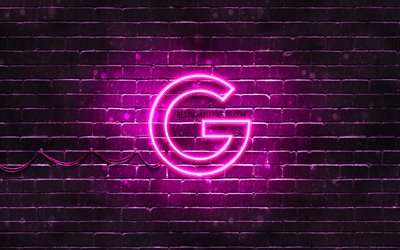 Google purple logo, 4k, purple brickwall, Google logo, brands, Google neon logo, Google