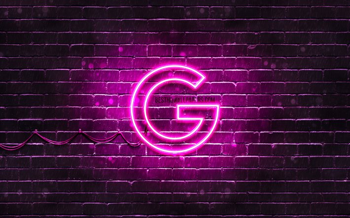 google purple-logo, 4k, lila brickwall -, google-logo, marken -, google -, neon-logo, google