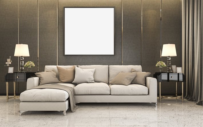 stylish living room interior, classic interior style, gray stylish wallpaper, blank picture on the wall, gray stylish sofa