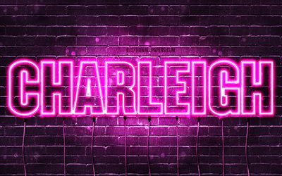 Charleigh, 4k, 壁紙名, 女性の名前, Charleigh名, 紫色のネオン, テキストの水平, 写真Charleigh名