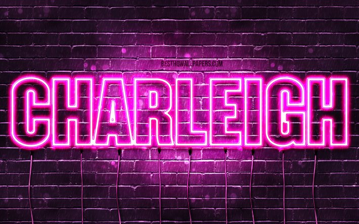 Charleigh, 4k, fondos de pantalla con los nombres, los nombres femeninos, Charleigh nombre, p&#250;rpura luces de ne&#243;n, el texto horizontal, imagen con Charleigh nombre