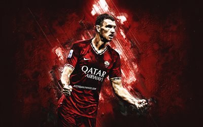 Edin Dzeko, AS Roma, Bosnian football player, portrait, red stone background, Italy, football, Serie A, Dzeko Roma