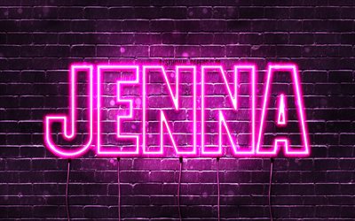 Jenna, 4k, taustakuvia nimet, naisten nimi&#228;, Jenna nimi, violetti neon valot, vaakasuuntainen teksti, kuva Jenna nimi