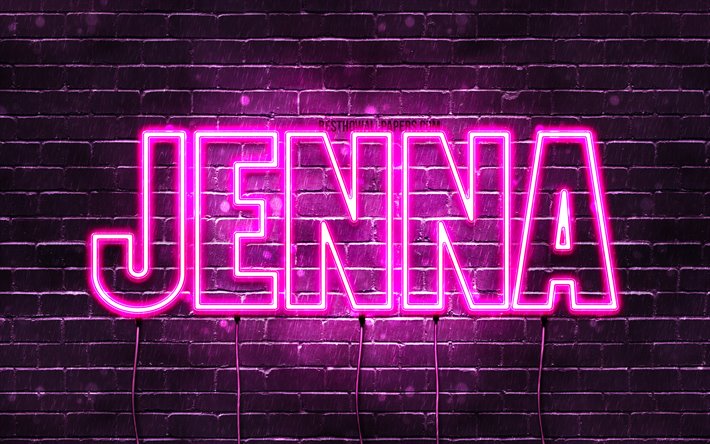 Jenna, 4k, wallpapers with names, female names, Jenna name, purple neon lights, horizontal text, picture with Jenna name