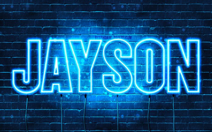 Jayson, 4k, fondos de pantalla con los nombres, el texto horizontal, Jayson nombre, luces azules de ne&#243;n, imagen con Jayson nombre