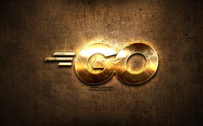 Go golden logo, programming language, brown metal background, creative, Go logo, programming language signs, Go