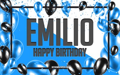 Happy Birthday Emilio, Birthday Balloons Background, Emilio, wallpapers with names, Emilio Happy Birthday, Blue Balloons Birthday Background, greeting card, Emilio Birthday