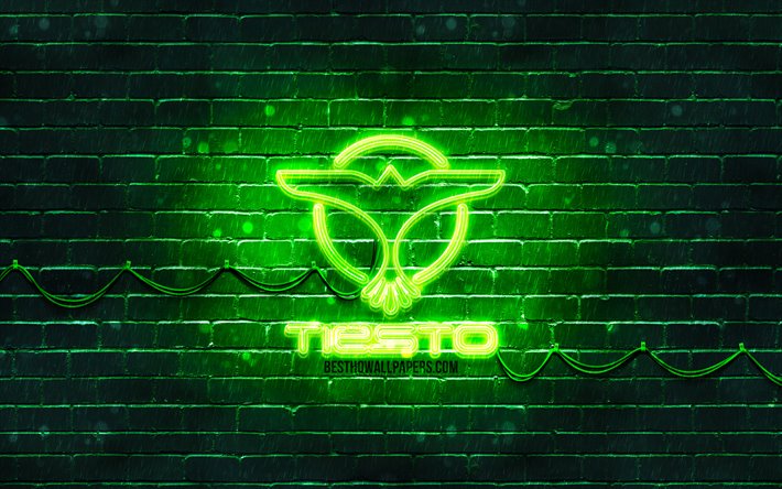 DJ Tiesto logo verde, 4k, superstar, olandese Dj, verde, brickwall, DJ Tiesto logo, Tijs Michiel Verwest, star della musica, DJ Tiesto neon logo, DJ Tiesto