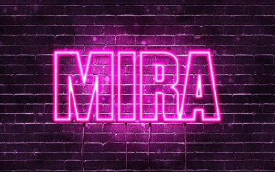 mira, 4k, tapeten, die mit namen, weibliche namen, mira name, lila, neon-leuchten, die horizontale text -, bild -, die mit namen mira