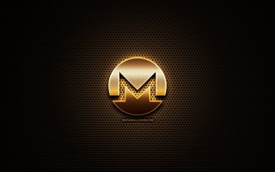 Monero glitter logo, cryptocurrency, grid metal background, Monero, creative, cryptocurrency signs, Monero logo
