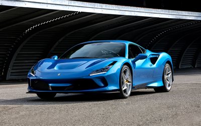 Ferrari F8 Tributo, 2020, vue de face, bleu supercar, bleu nouveau F8 Tributo, des voitures de sport italiennes, Ferrari
