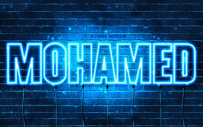Mohamed, 4k, tapeter med namn, &#246;vergripande text, Mohamed namn, bl&#229;tt neonljus, bild med Mohamed namn