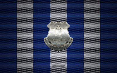 Everton FC logo, English football club, metal emblem, blue white metal mesh background, Everton FC, Premier League, Liverpool, England, football