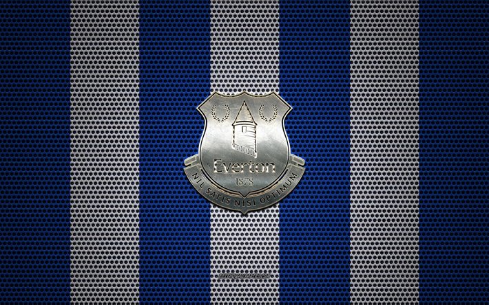 O Everton FC logotipo, Clube de futebol ingl&#234;s, emblema de metal, blue metal branco de malha de fundo, O Everton FC, Premier League, Liverpool, Inglaterra, futebol