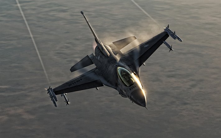 F-16, caccia americano, General Dynamics F-16 Fighting Falcon, tramonto, sera, combattente nel cielo, US Air Force, US aerei da combattimento, aerei militari, USA