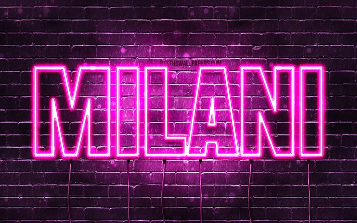 Milani, 4k, pap&#233;is de parede com os nomes de, nomes femininos, Milani nome, roxo luzes de neon, texto horizontal, imagem com Milani nome