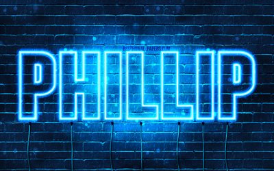Phillip, 4k, wallpapers with names, horizontal text, Phillip name, blue neon lights, picture with Phillip name