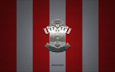 FC Southampton logo, English football club, metal emblem, red and white metal mesh background, FC Southampton, Premier League, Hampshire, England, football