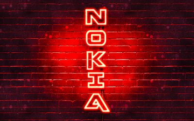4K, Nokia-logo punainen, pystysuora teksti, punainen brickwall, Nokia neon-logo, luova, Nokia-logo, kuvitus, Nokia