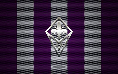 ACF Fiorentina logo, Italian football club, metal emblem, violet-white metal mesh background, ACF Fiorentina, Serie A, Florence, Italy, football