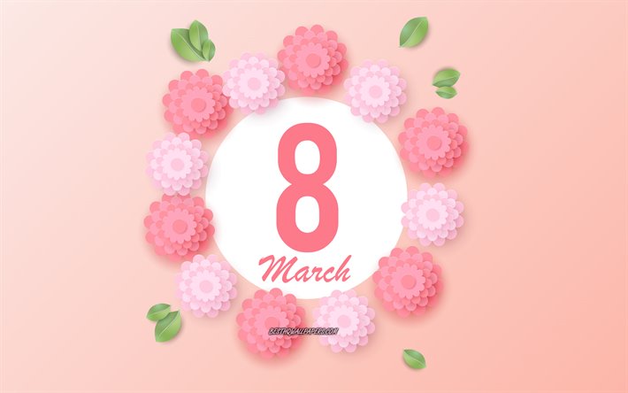 8 de marzo, tarjeta de felicitaci&#243;n, flores de color rosa, vacaciones de primavera, 3d de papel flores de color rosa, 8 de Marzo de fondo Rosa