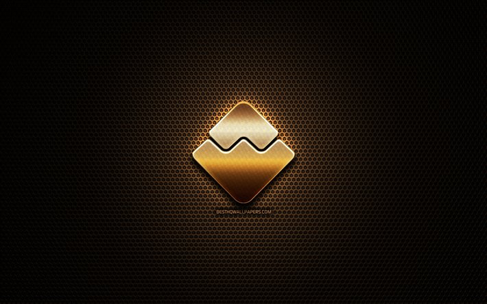 wellen-plattform-glitter-logo, kryptogeld -, grid-metall-hintergrund -, wellen-plattform -, kreativ -, kryptogeld zeichen, wellen-plattform-logo