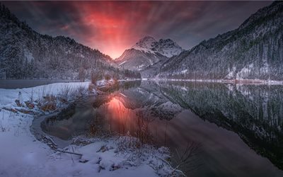 inverno, lago de montanha, p&#244;r do sol, noite, paisagem de montanha, Alpes