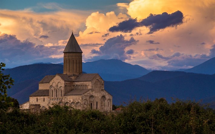 Alaverdi Monastery, Georgian Eastern Orthodox monastery, evening, sunset, mountain landscape, Kakheti, Georgia