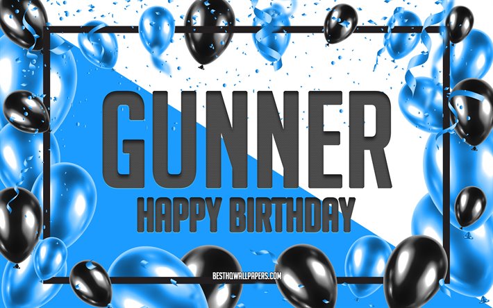 Buon Compleanno Gunner, feste di Compleanno, Palloncini Sfondo, Gunner, sfondi per il desktop con i nomi, il Mitragliere di buon Compleanno, Palloncini Blu di Compleanno, Sfondo, biglietto di auguri, Compleanno Gunner