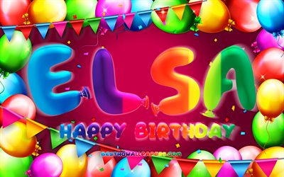 お誕生日おめでElsa, 4k, カラフルバルーンフレーム, 曲名, 紫色の背景, &quot;エルサ&quot;がお誕生日おめで, エルザ誕生日, 人気のスペインの女性の名前, 誕生日プ, Elsa