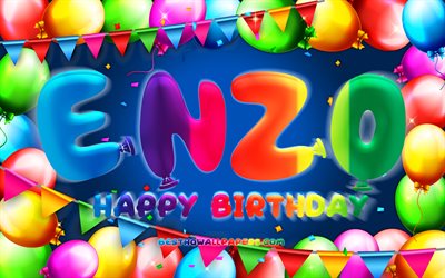 お誕生日おめでエンツォ, 4k, カラフルバルーンフレーム, エンツォ名, 青色の背景, エンツォ-お誕生日おめで, エンツォ-誕生日, 人気のスペイン語は男性名, 誕生日プ, エンツォ