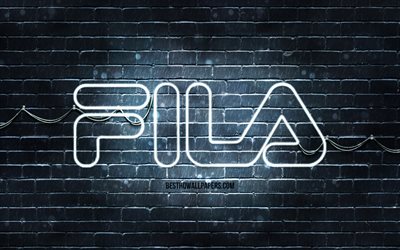 Fila white logo, 4k, white brickwall, Fila logo, brands, Fila neon logo, Fila
