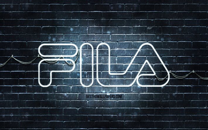 Fila vit logo, 4k, vit brickwall, Fila logotyp, varum&#228;rken, Fila neon logotyp, Fila
