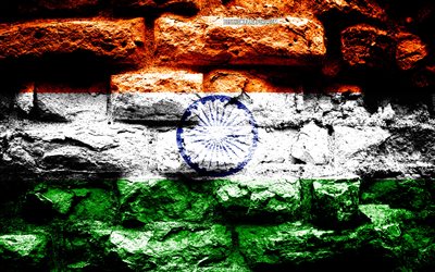 Empire of India, grunge brick texture, Flag of India, flag on brick wall, India, flags of Asian countries