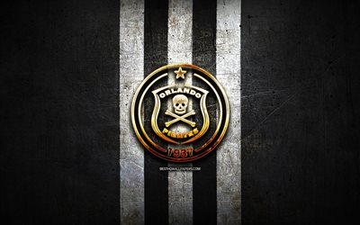 Orlando Pirates FC, golden logo, Premier Soccer League, black metal background, football, Orlando Pirates, PSL, South African football club, Orlando Pirates logo, soccer, South Africa