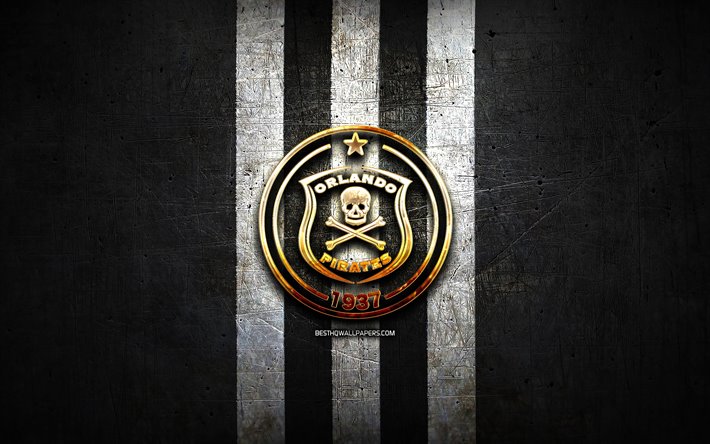 Download Wallpapers Orlando Pirates Fc Golden Logo Premier Soccer League Black Metal Background Football Orlando Pirates Psl South African Football Club Orlando Pirates Logo Soccer South Africa For Desktop Free Pictures For