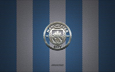 Manchester City FC logo, English football club, metal emblem, blue white metal mesh background, Manchester City FC, Premier League, Manchester, England, football