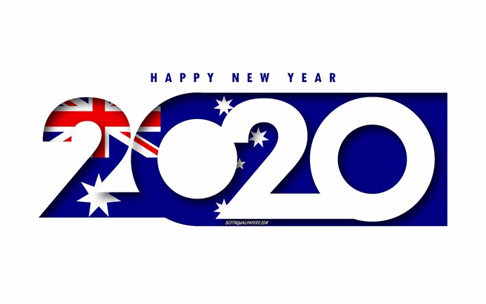 Australien 2020, Flagga Australien, vit bakgrund, Gott Nytt &#197;r Australien, 3d-konst, 2020 begrepp, Australiens flagga, 2020 Nytt &#197;r, 2020 Australien flagga
