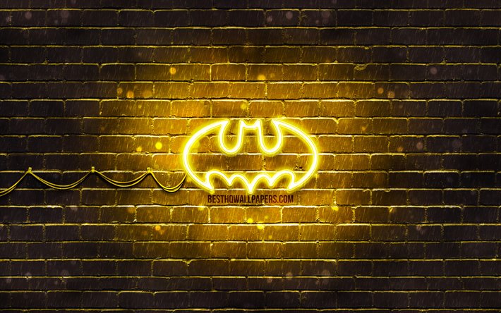 Batman gul logotyp, 4k, gul brickwall, Batman logotyp, superhj&#228;ltar, Batman neon logotyp, Batman