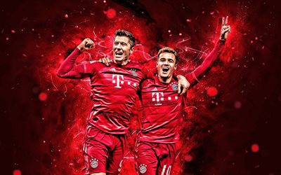 Lewandowski and Coutinho, 4k, Bayern Munich FC, Bundesliga, goal, soccer, Robert Lewandowski, Philippe Coutinho, red neon lights, Germany