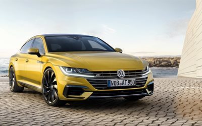 Volkswagen Arteon, 2017, 4k, yellow Arteon, sedan, new Volkswagen, Passat CC