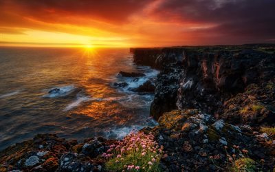 Sunset, ocean, waves, rocks, coast, Iceland