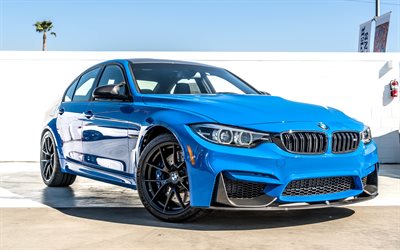 BMW M3, 2018, 4k, dış, mavi sedan, yeni mavi m3, Alman otomobil, BMW