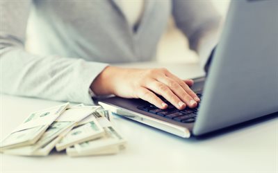 جبل من المال, دولار, مفاهيم التجارة الإلكترونية, الكمبيوتر المحمول, المال من الشبكة, أرباح المفاهيم, 4k