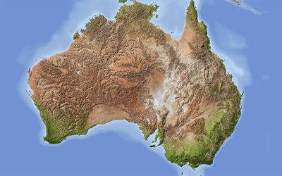 Map of Australia, 4k, geography, mainland, geographical maps of continents, Earth, Australia, 3d map of the landscape, relief map