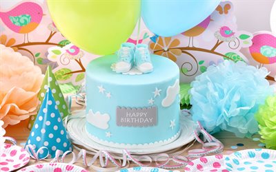 お誕生日おめで, 4k, 青いケーキ, おめでとう, 装飾, インフレータブルボール, ケーキのために男の子